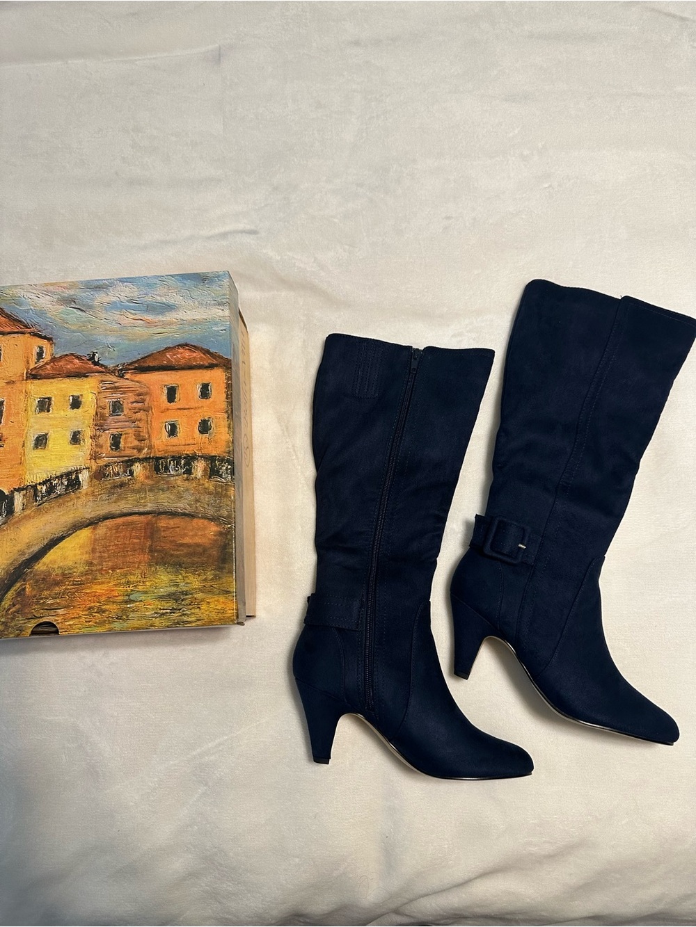 Bella Vita Navy Knee-High Mid Heel Boots with Buckle